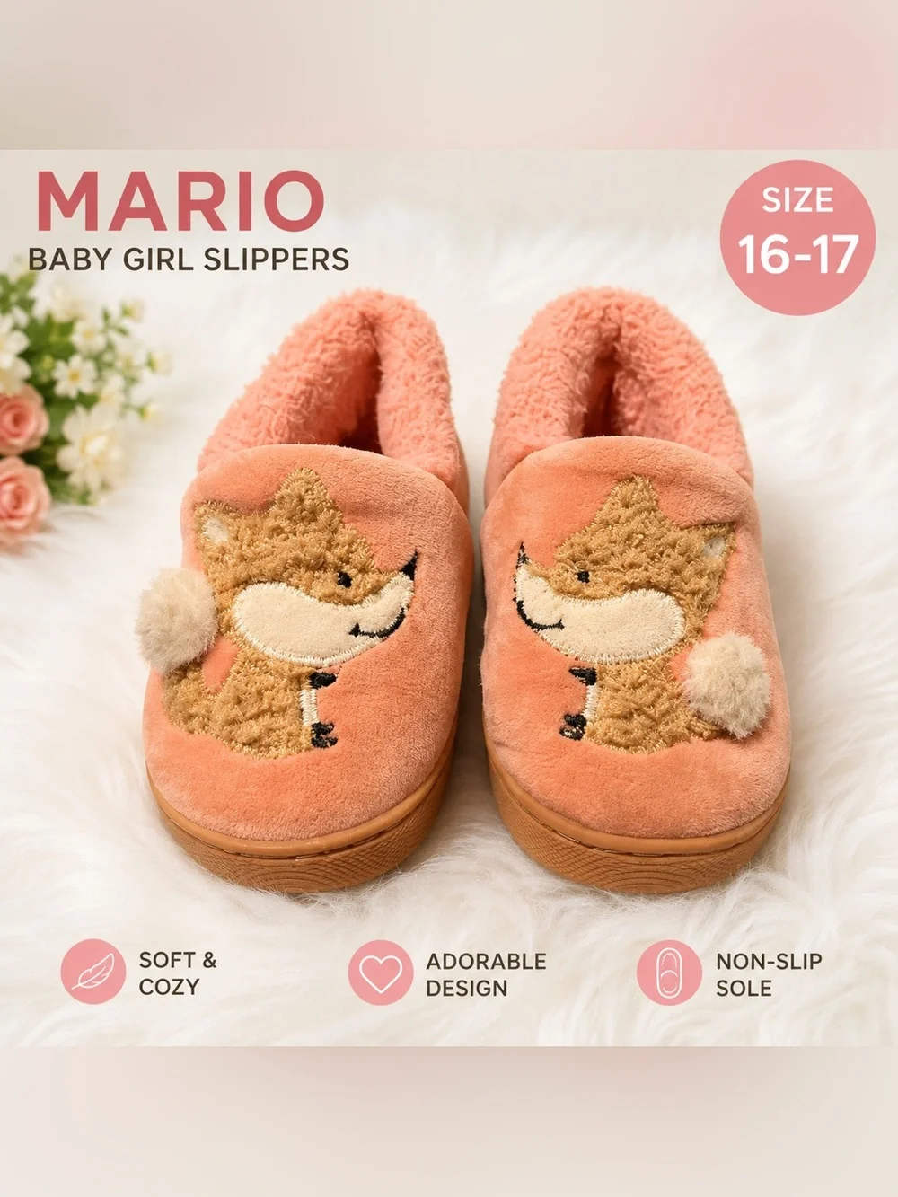 MARIO pink  baby girl slippers /size 16-17
